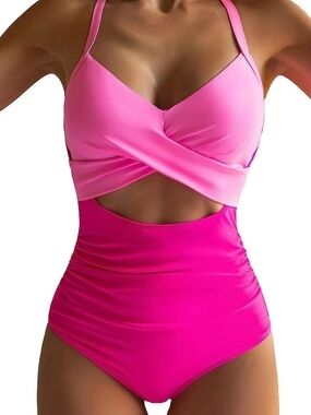 Two-Tone Pink Twist Front One-Piece Swimsuit